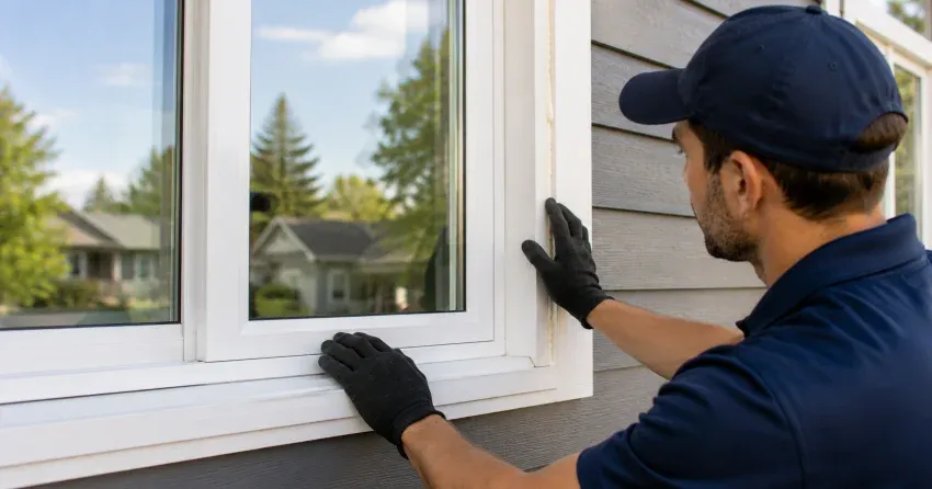 technician comparing full-frame and retrofit window replacement options in Richmond Hill