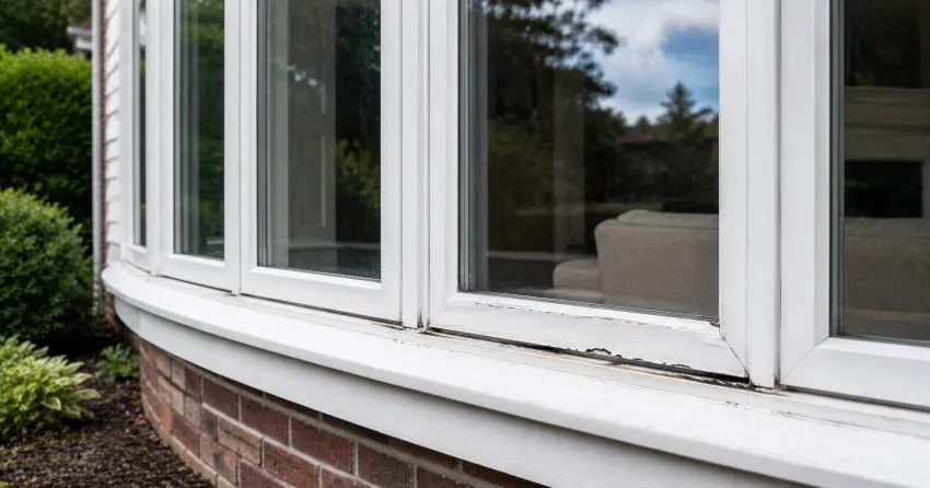 technician inspecting bow window frame and seal for damage in Richmond Hill