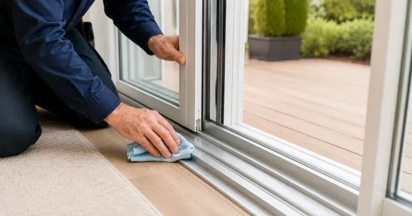 technician inspecting a sliding patio door track in Devonsleigh, Richmond Hill