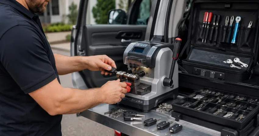 technician cutting a replacement car door lock key in South Richvale, Richmond Hill