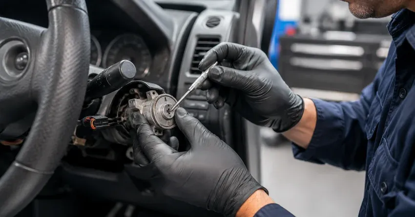 technician diagnosing an ignition lock repair issue in Beaver Creek Business Park, Richmond Hill