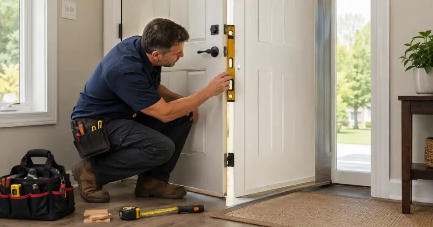 technician diagnosing a misaligned door frame in Crosby, Richmond Hill