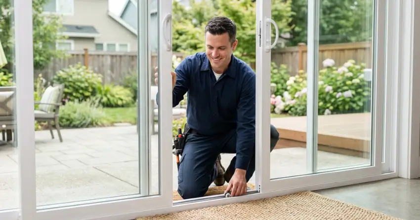 technician diagnosing a sticking patio door in Rouge Woods, Richmond Hill