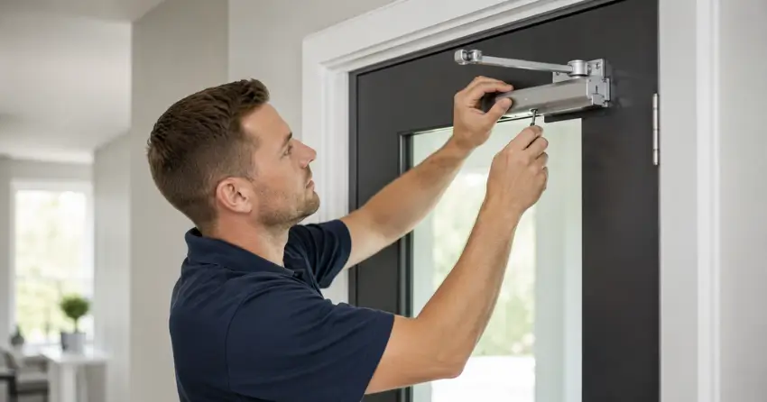 technician adjusting door closer hydraulic valve in Mill Pond, Richmond Hill home