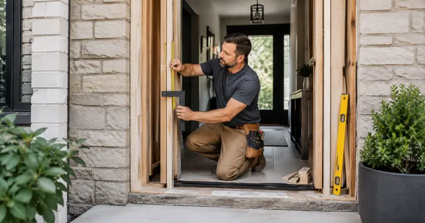 exterior door installer assessing rough opening in Crosby, Richmond Hill