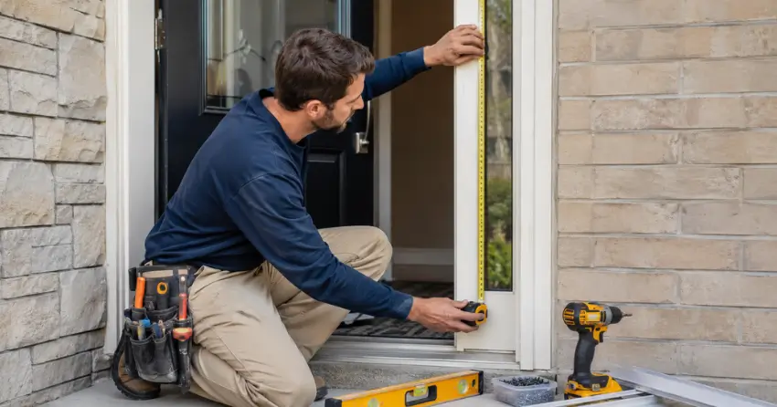 technician measuring door frame before storm door install in Jefferson, Richmond Hill