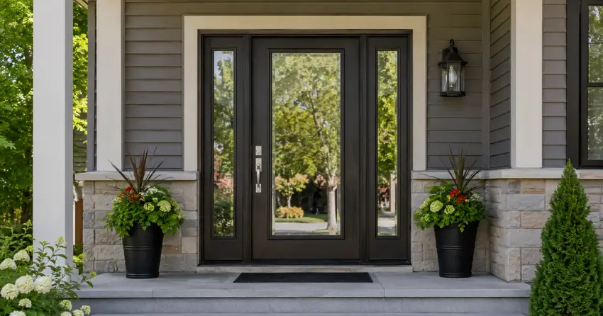 glass entry door with sidelights on a home in Jefferson, Richmond Hill