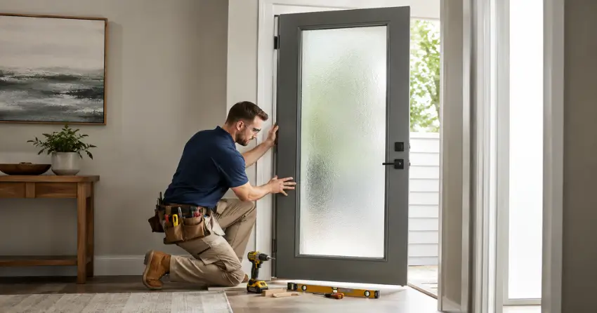glass panel door installation with frosted privacy glass in residential setting in Bayview North, Richmond Hill