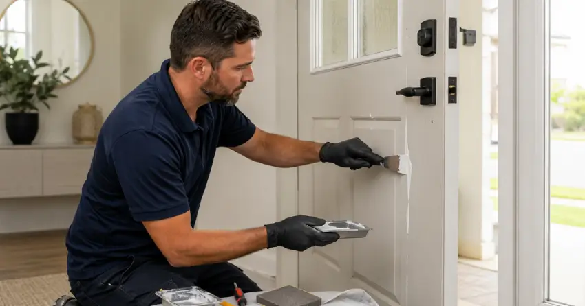technician repairing fiberglass door surface crack in Bayview North, Richmond Hill