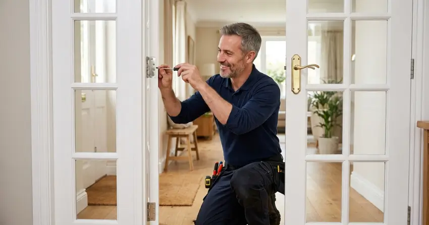 technician adjusting French door hinge for proper alignment in Bayview South, Richmond Hill