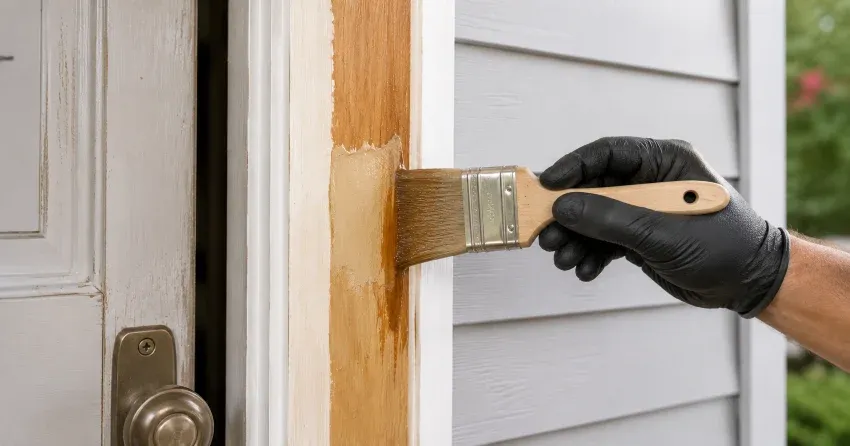 technician probing rotted wood on a door frame in Crosby, Richmond Hill
