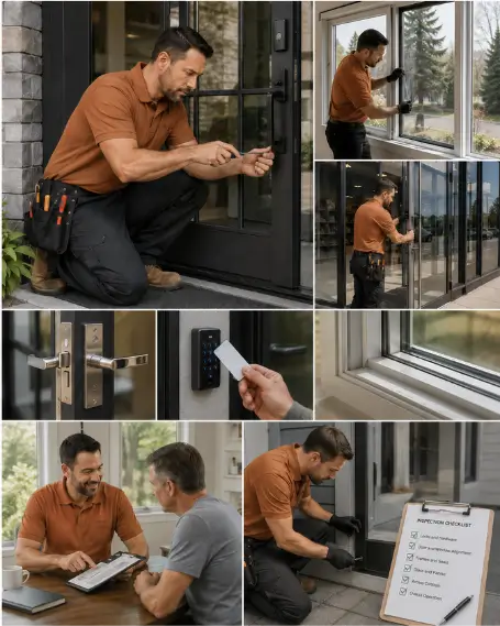 A technician demonstrating the finished operation of a repaired entry door